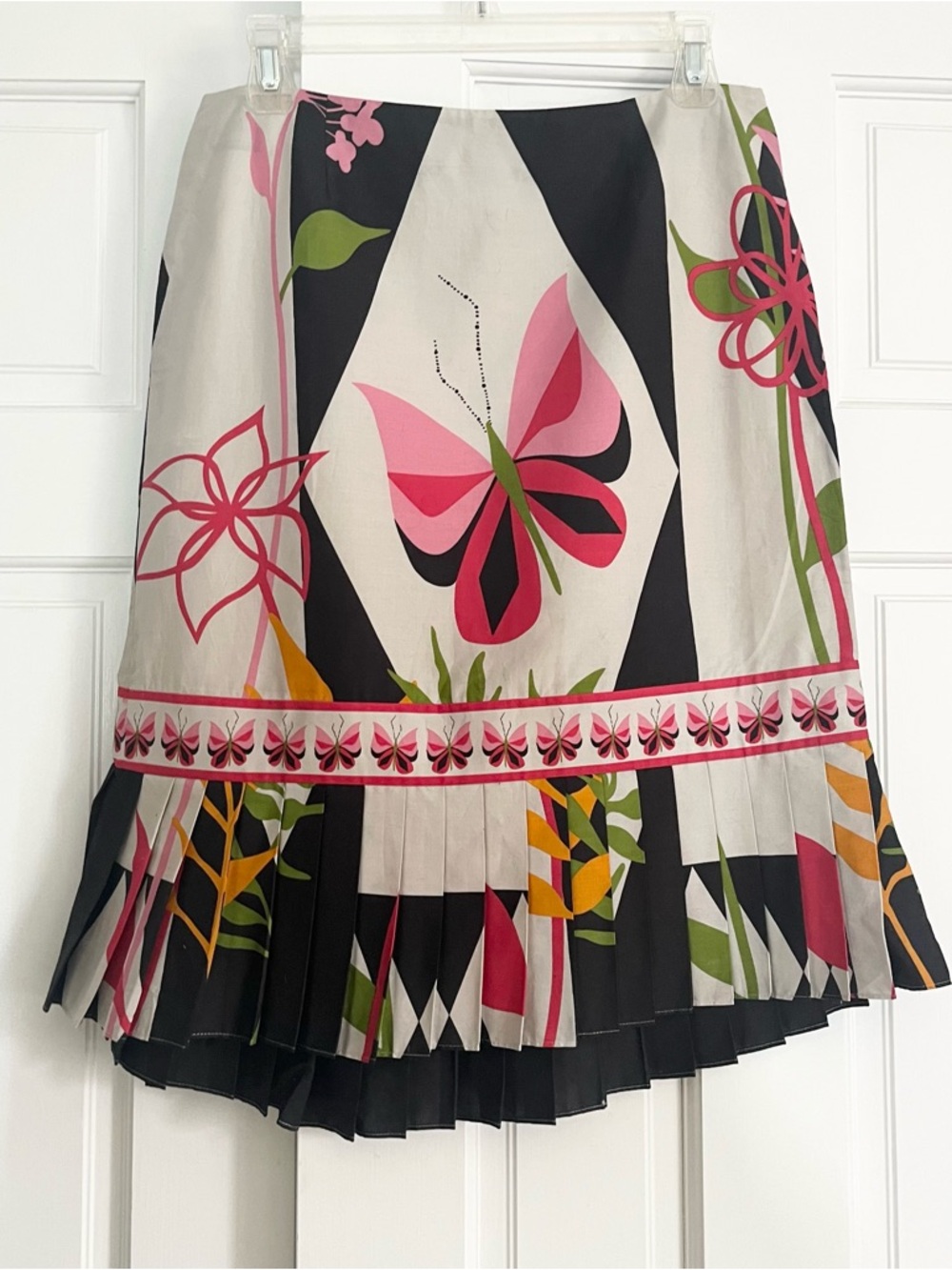 Tibi 100% Cotton Pink & Black Butterfly Pleated Midi Skirt